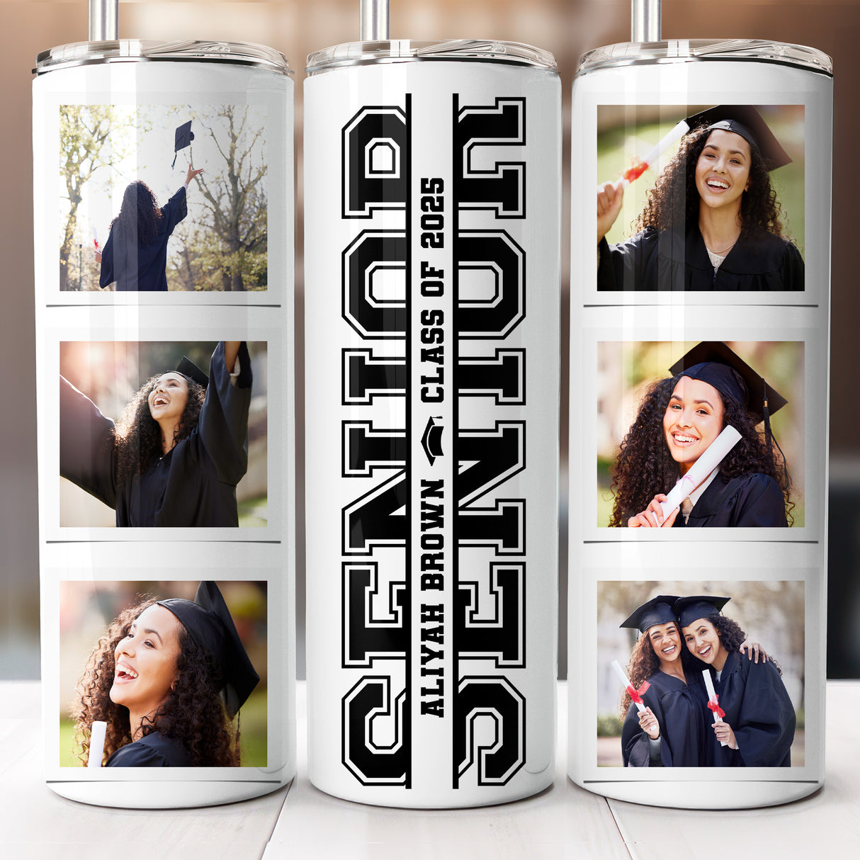 Skinny 20 oz graduation tumbler with custom photo and personalized name, ideal senior gift. Custom photo tumbler for graduation gift ideas for her.
