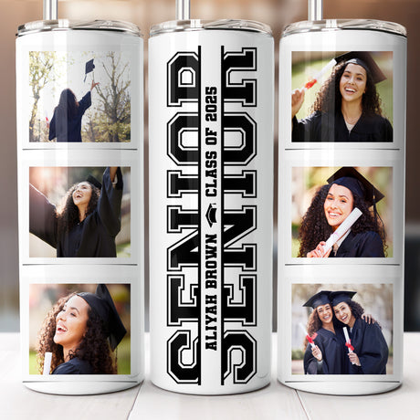 Skinny 20 oz graduation tumbler with custom photo and personalized name, ideal senior gift. Custom photo tumbler for graduation gift ideas for her.