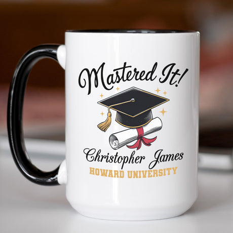 Personalized Masters Degree Mug for Graduation with graduation cap design, custom name and university. Custom Class of 2025 Masters Graduation Mug featuring sleek design.