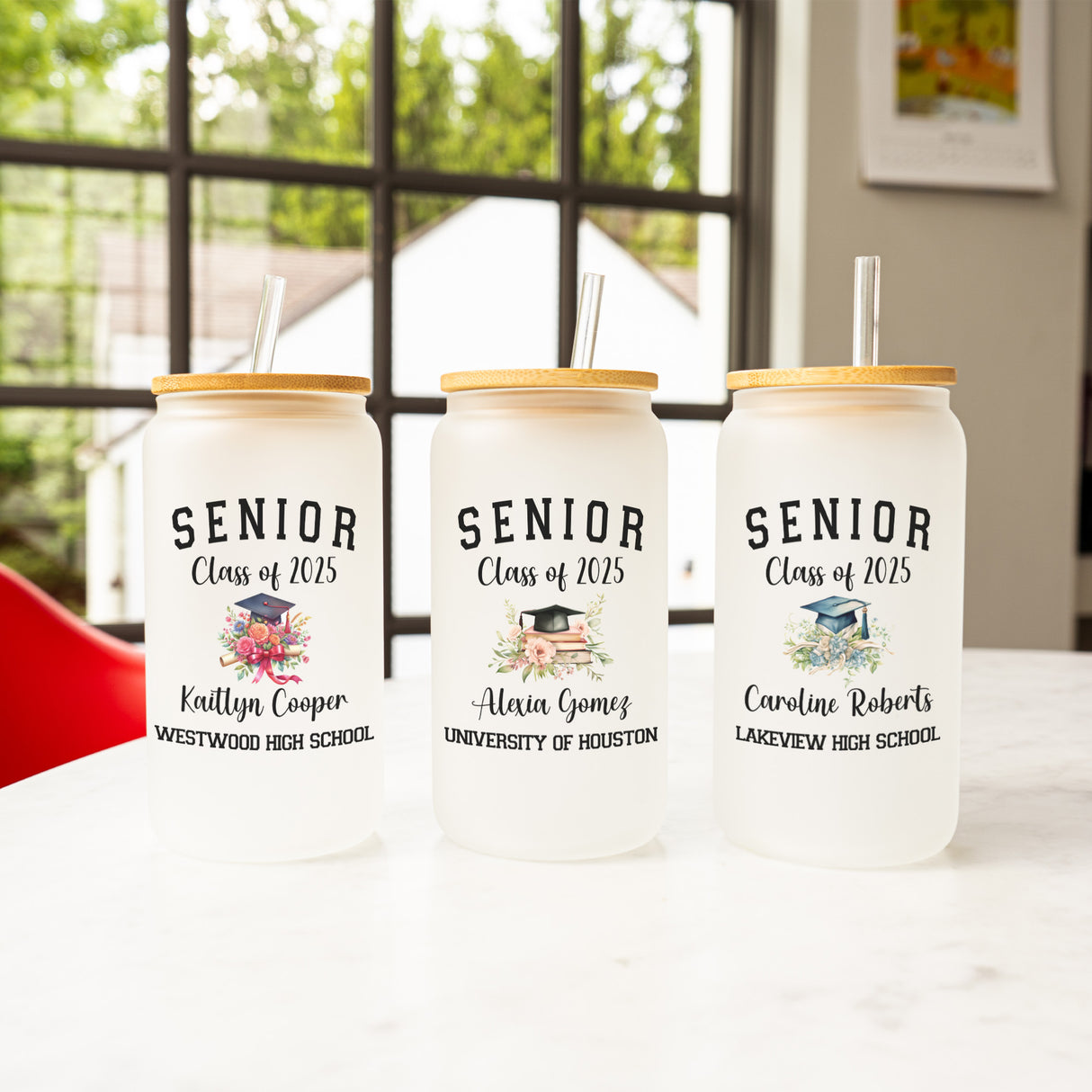 Custom graduation iced coffee cup featuring a frosted floral design, perfect for graduation gift ideas.