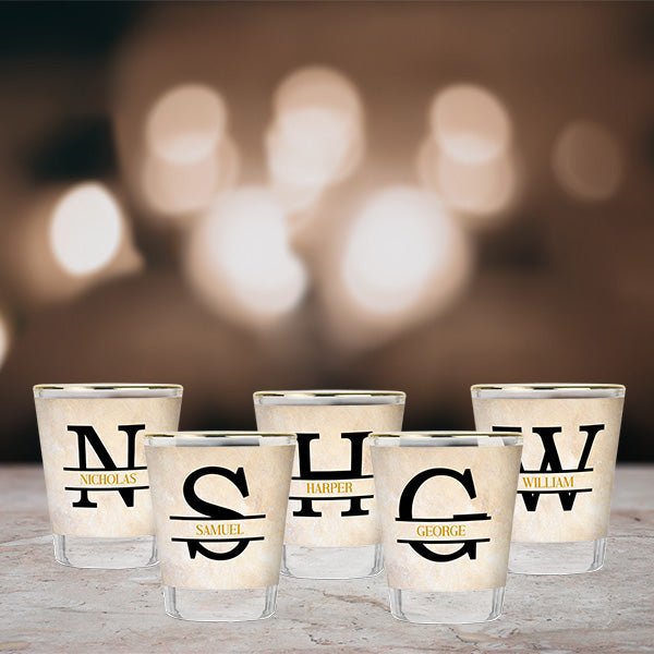 Custom Shot Glass with Gold Rim for Groom Groomsman or Best Man with Initials Name and Date - Gifts Are Blue