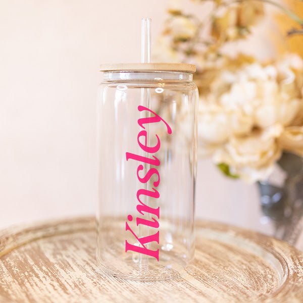 Personalized Iced Coffee Glass Tumbler with Lid and Straw and Custom Name or Title - Gifts Are Blue