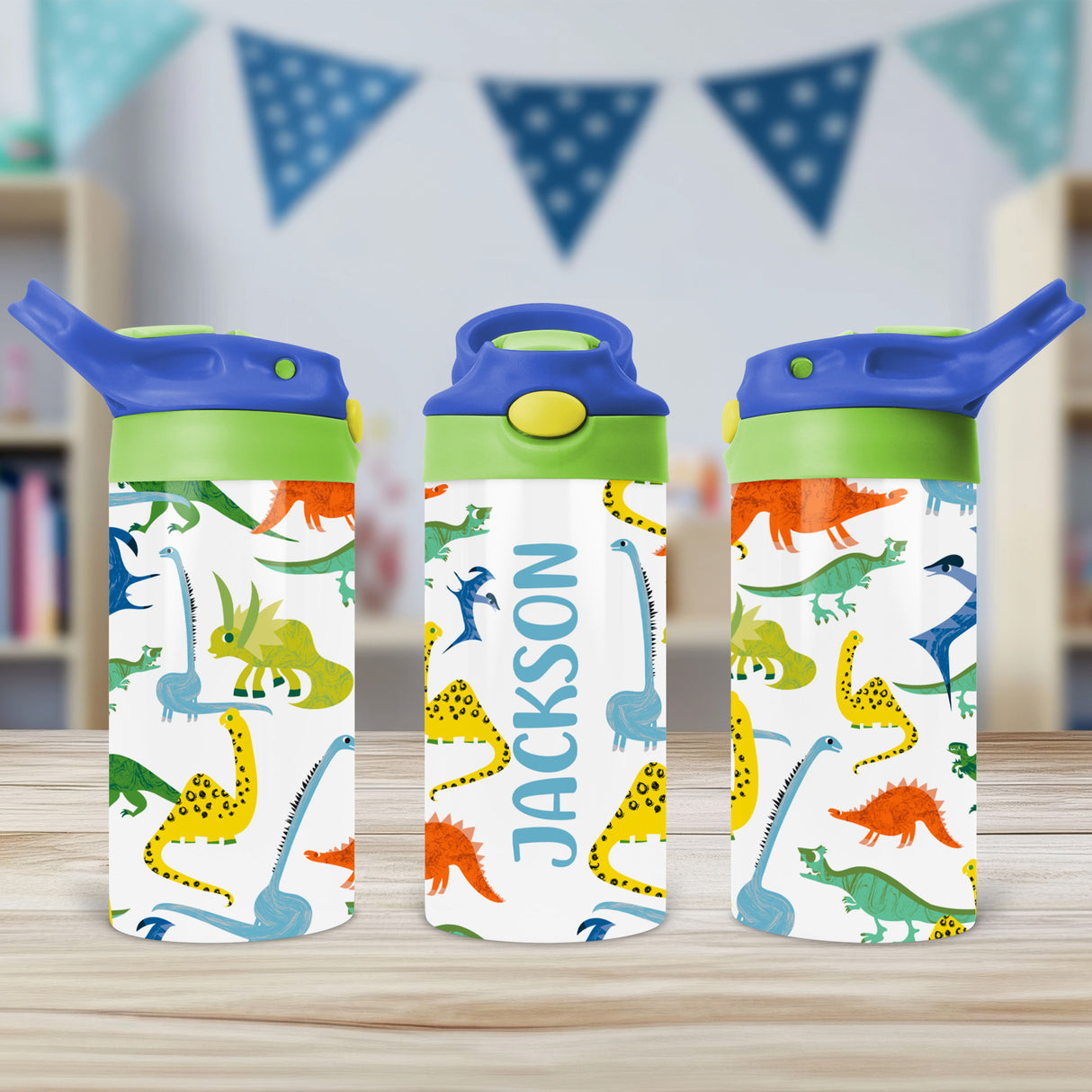 Personalized dinosaur water bottle for kids with custom name and flip top lid, ideal for school, toddlers, daycare, and back-to-school use.
