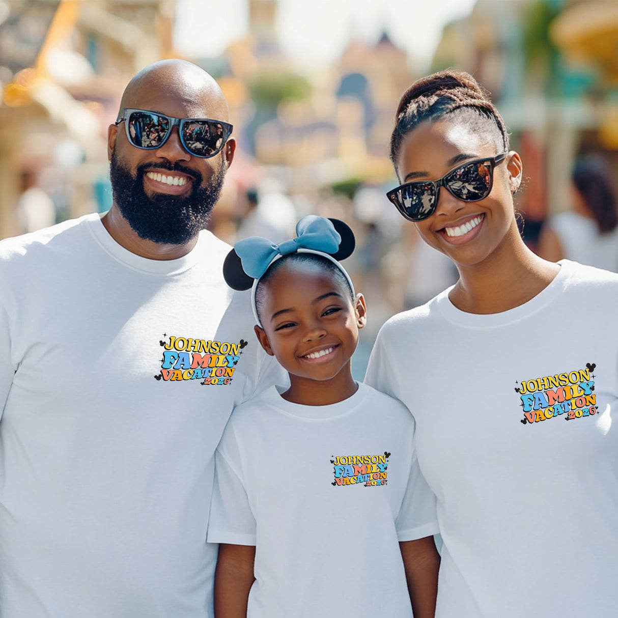 Custom theme park shirts for families visiting Florida or Orlando attractions, perfect for coordinated looks on castle walks and family photos.