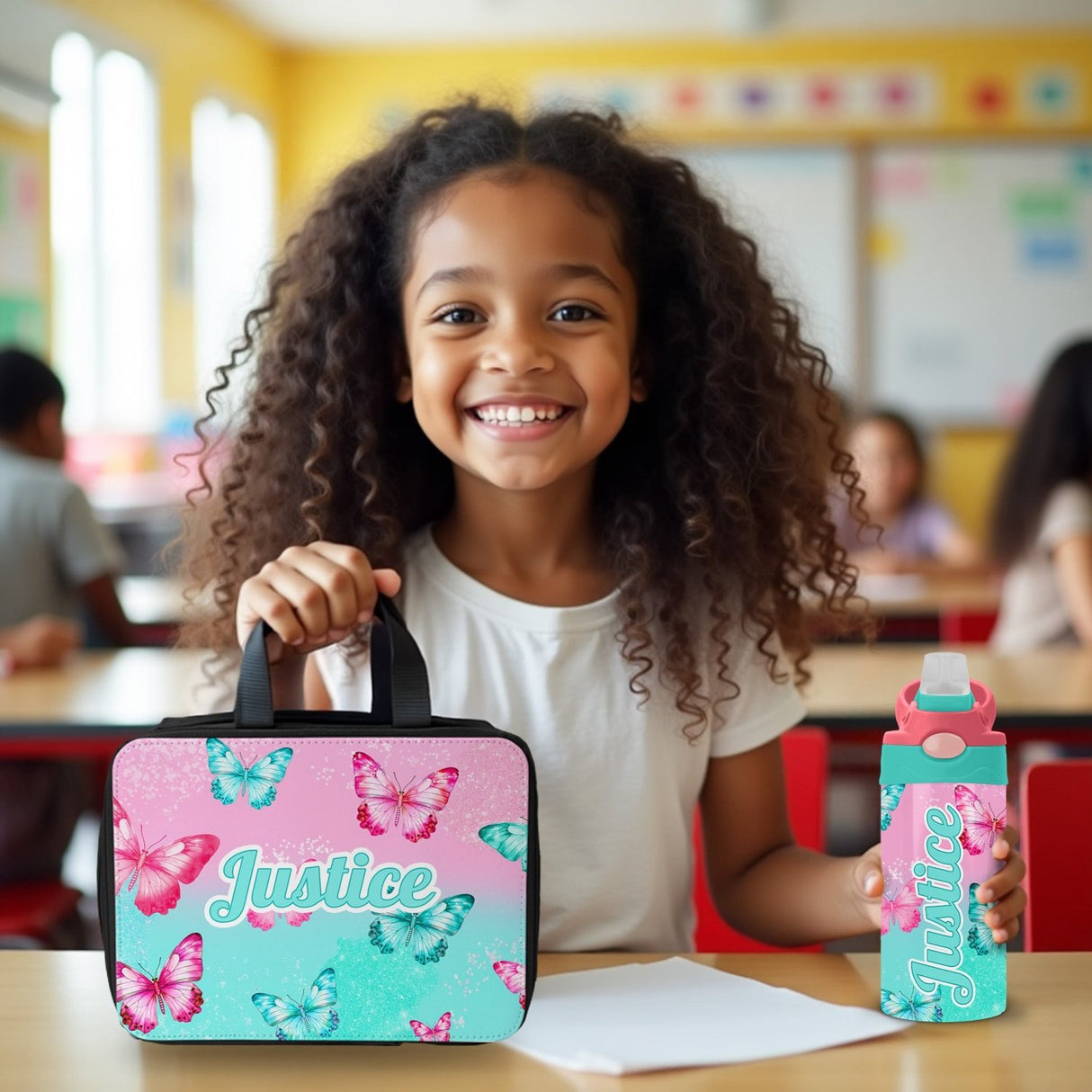 Custom pink lunch tote and tumbler for little girls going to school for the first time.