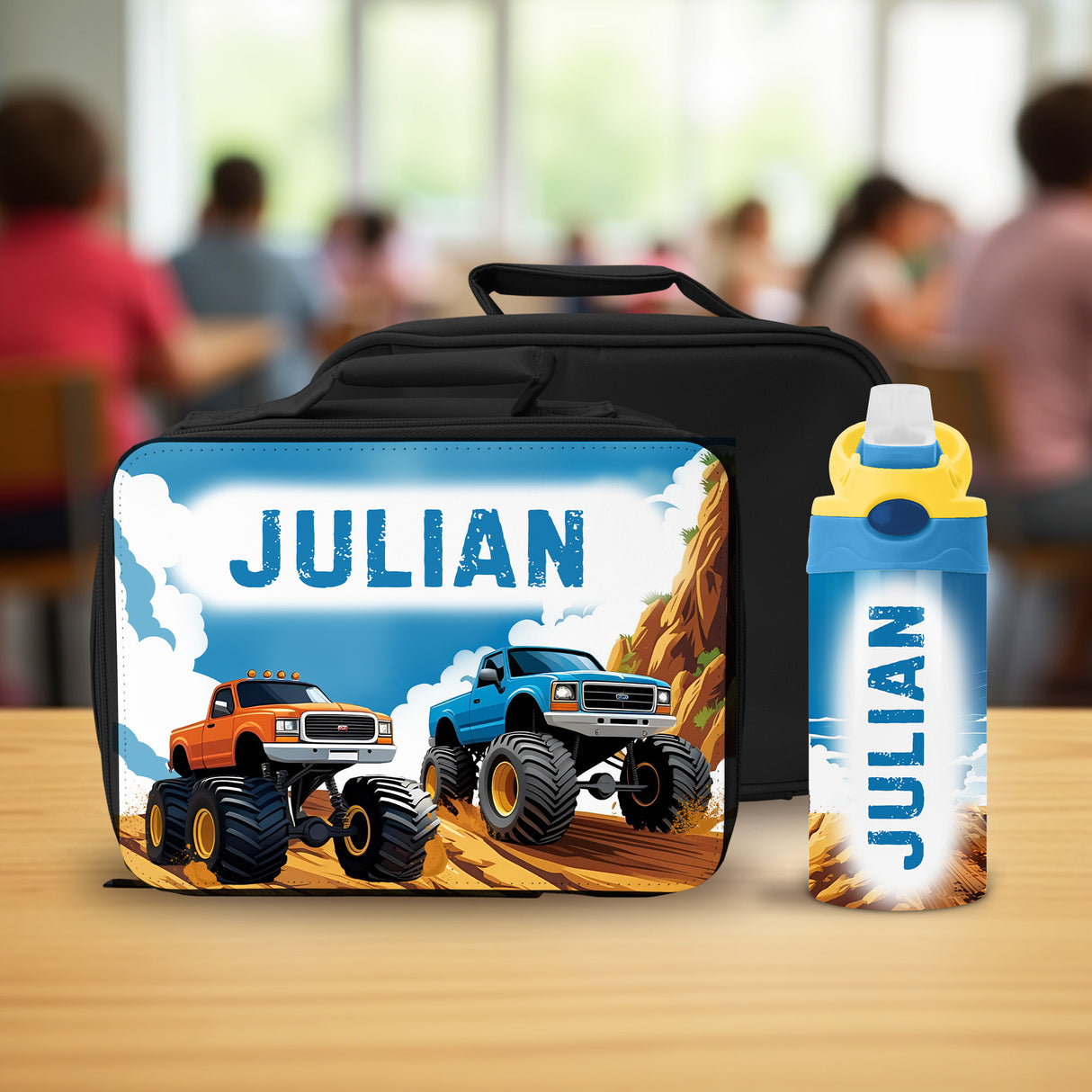 Ideal for school or daycare, this personalized back to school gift includes a monster truck lunch box and tumbler.