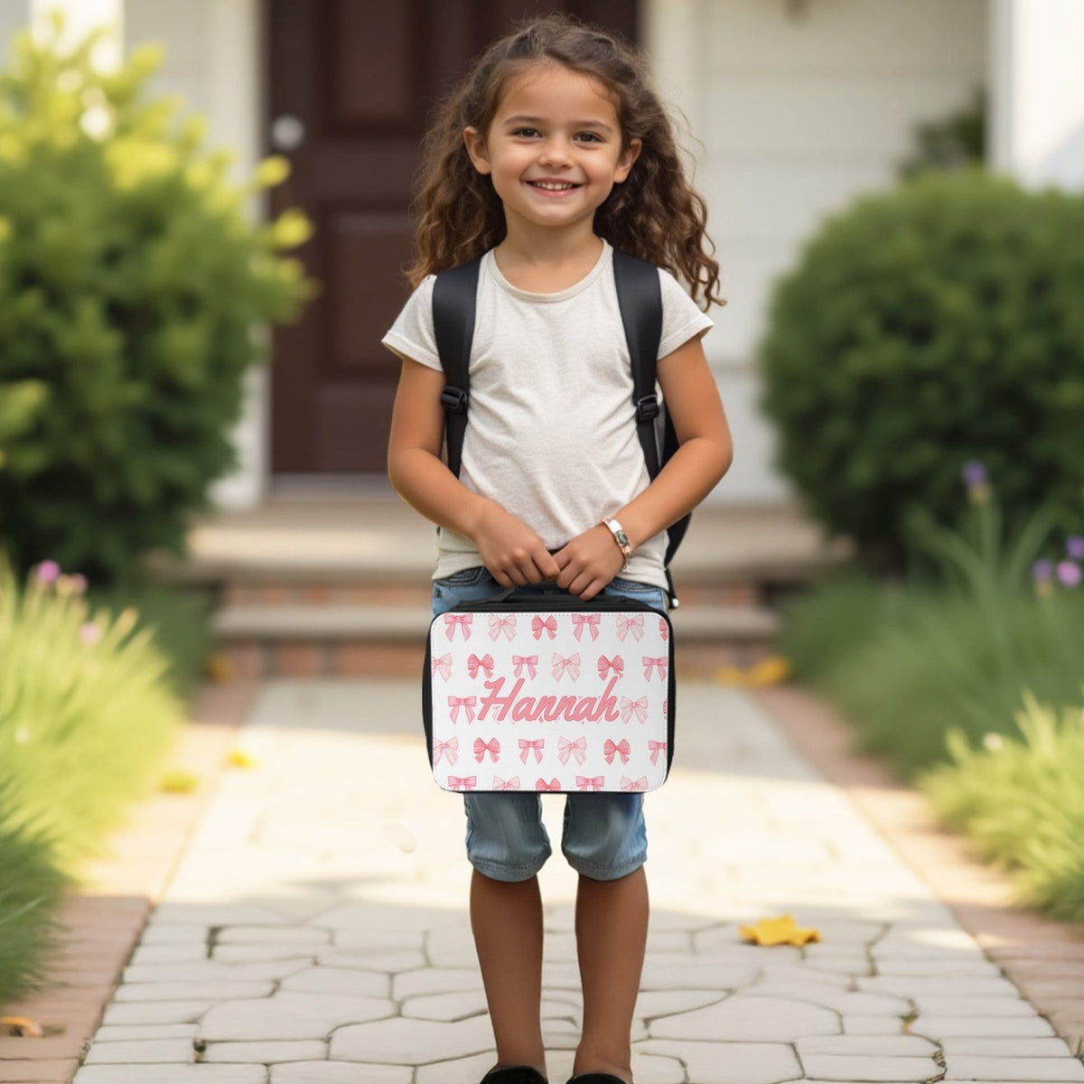 The perfect back to school lunch tote for girls with custom name. Pink lunch box gift for kids.
