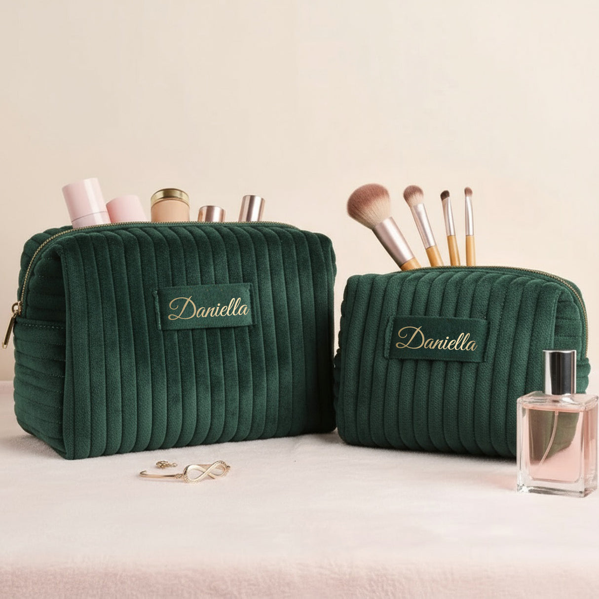 Personalized Velvet Makeup Bag Matching Set with Name