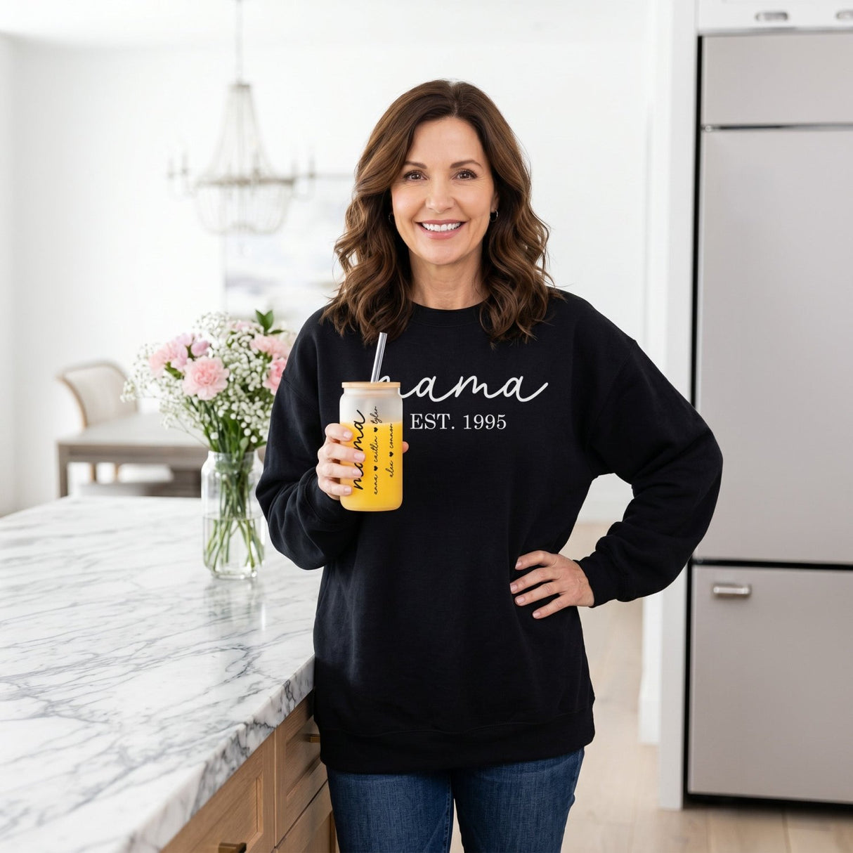 Gift for grandma on birthdays, Christmas, Mothers Day and more. The gift set bundle includes mama sweatshirt personalized with established year, comfy slippers, glass can and scrunchies.