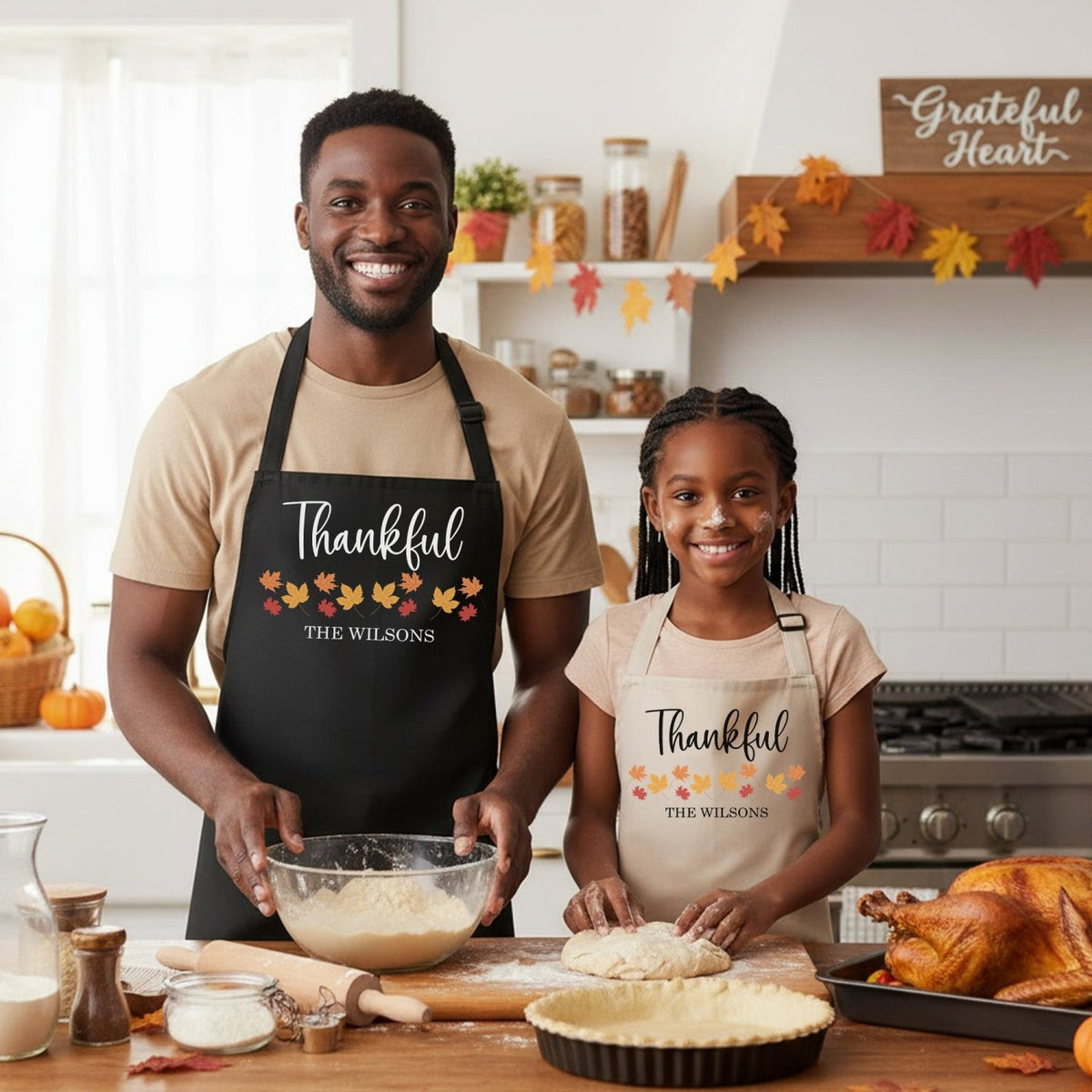 Thankful Leaves Personalized Family Matching Aprons for Adults and Kids - Gifts Are Blue