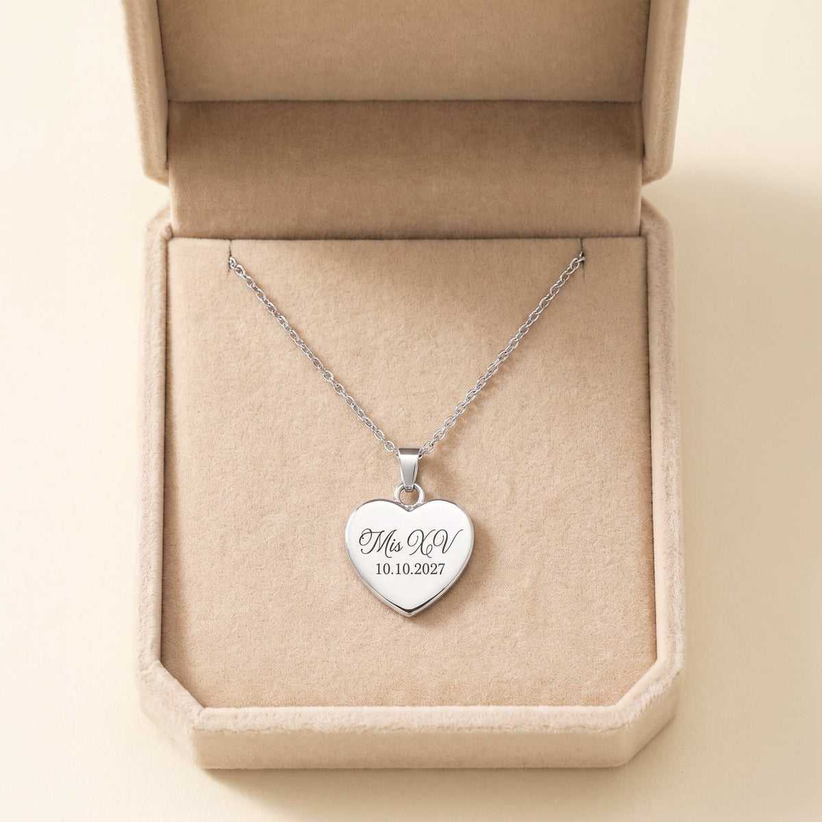 Mis XV Heart Shape Necklace with Engraved Date - Gifts Are Blue