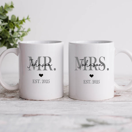 Personalized Mr and Mrs mug set with custom name and wedding date.