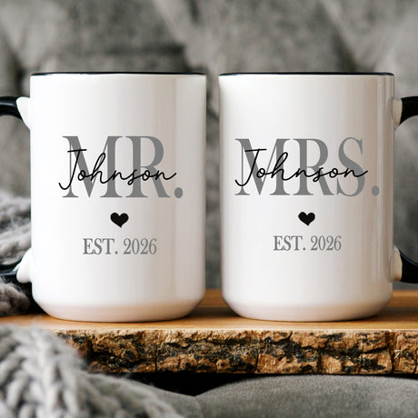 Custom Mr. and Mrs. mug set for engagement gift for him and her.