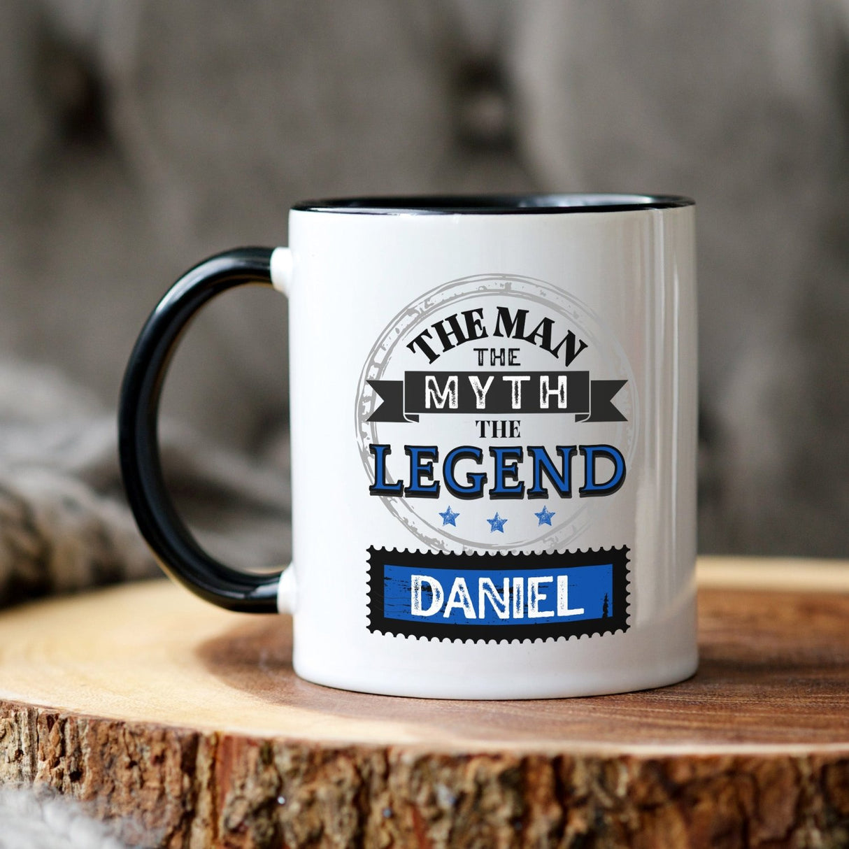 Custom gift blue mug for Father's Day with dad's name and classic black lettering design. Funny design for fathers day mugs.