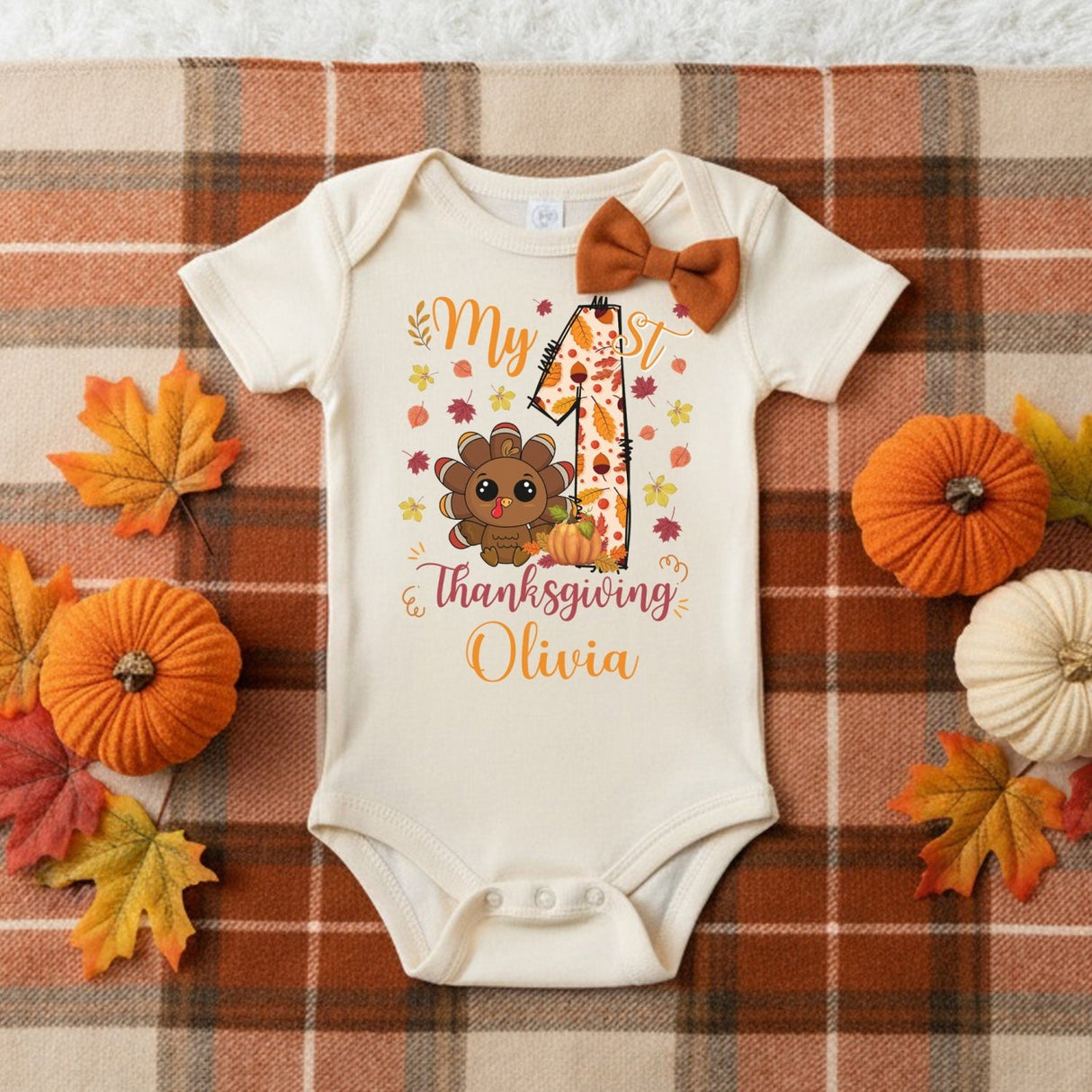 Colorful My First Thanksgiving Onesie Outfit Personalized with Name for Baby Girl and Boy - Gifts Are Blue