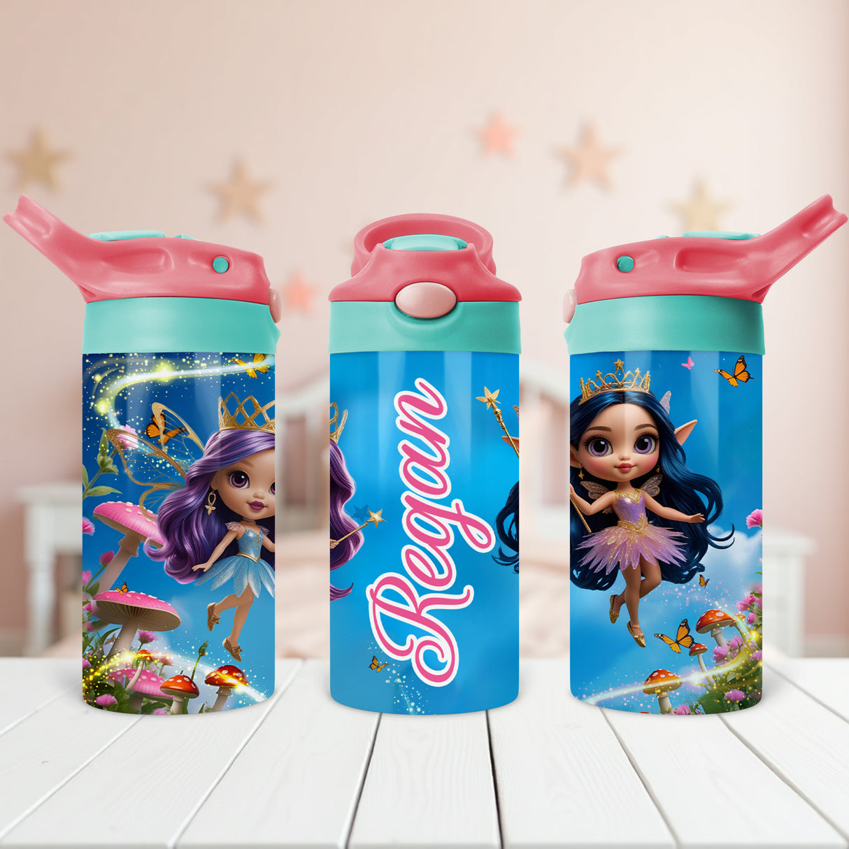 Personalized back to school water bottle for girls with custom fairy name design, perfect for keeping kids hydrated.