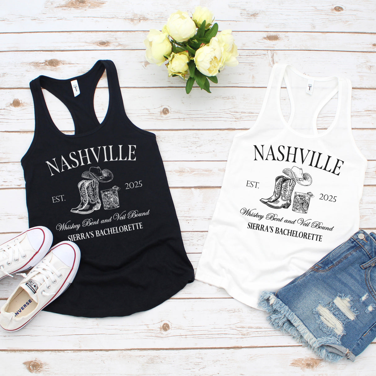 Matching bride and bridesmaid tank tops laid out with Western cowgirl theme, designed for a Nashville bachelorette weekend.