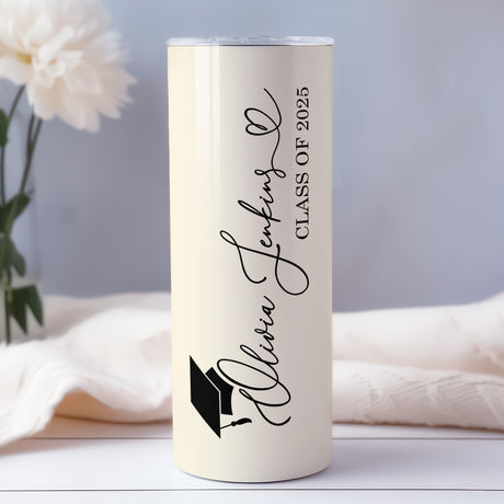 Ivory personalized Class of 2025 graduation tumbler with custom name and signature design, ideal gift for her.