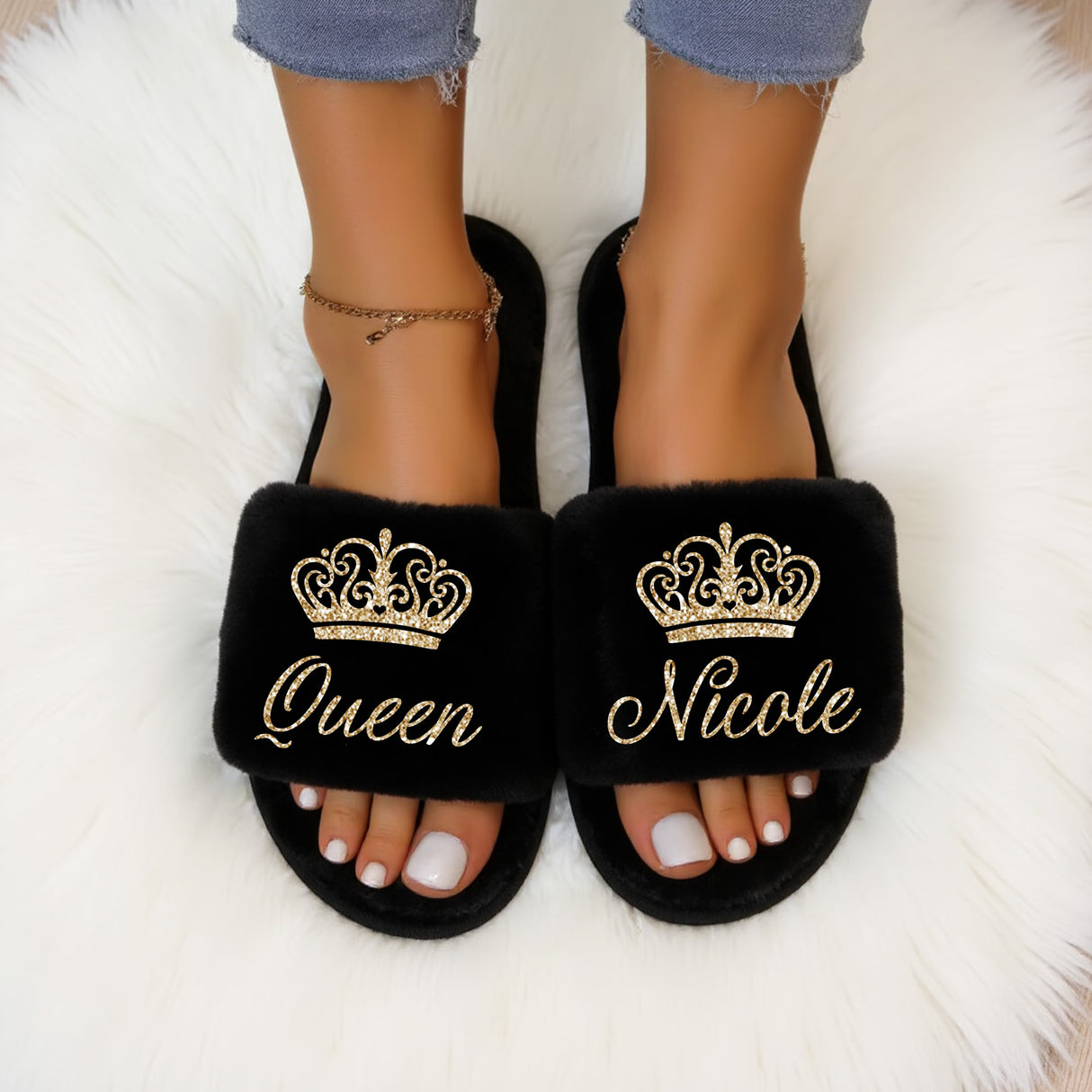 Queen Fluffy Slide Slippers for Women Personalized with Name, Custom Gifts for Her