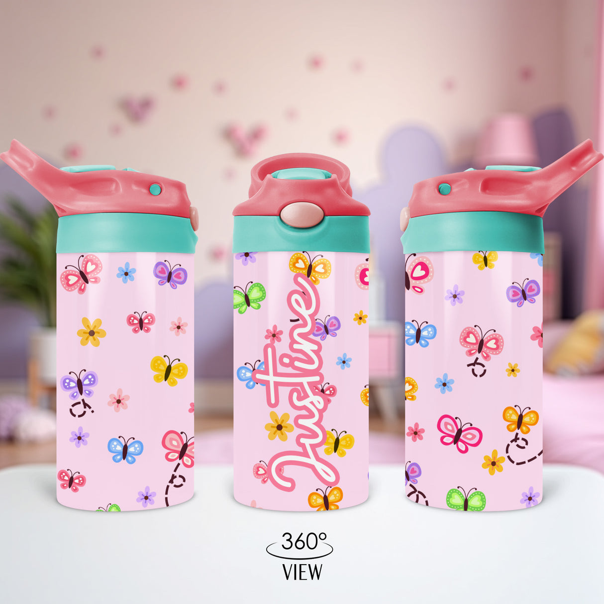 Personalized back to school tumblers for little girls. Butterfly flip top lid cup for toddlers.