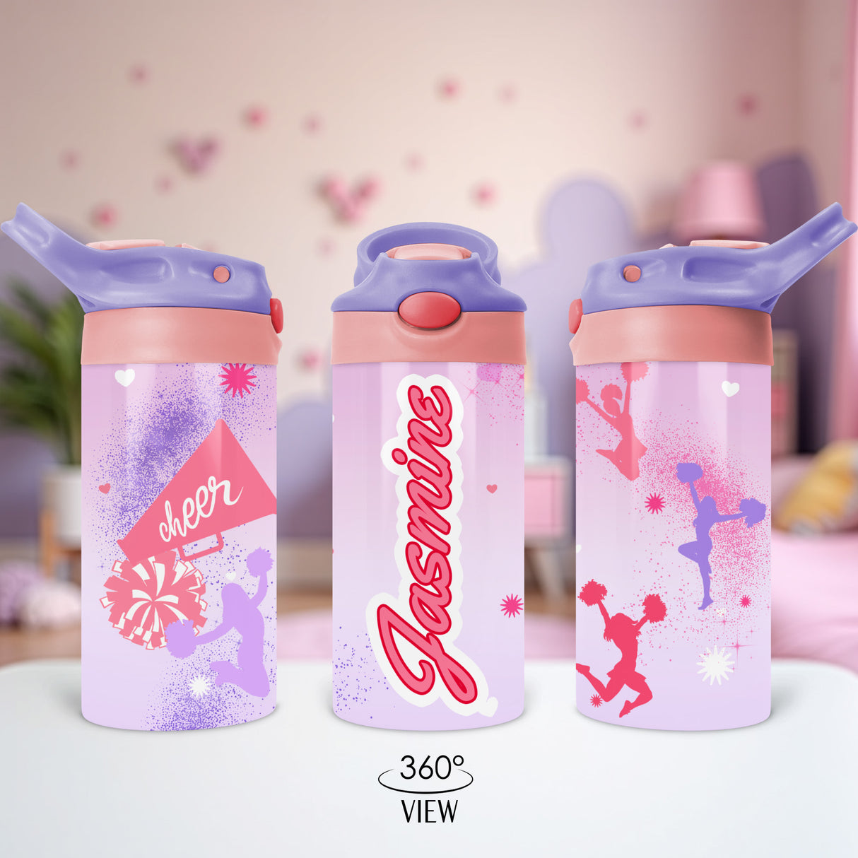 Cheerleading flip top water bottle girls will love, personalized with name, great for school, or competitions.