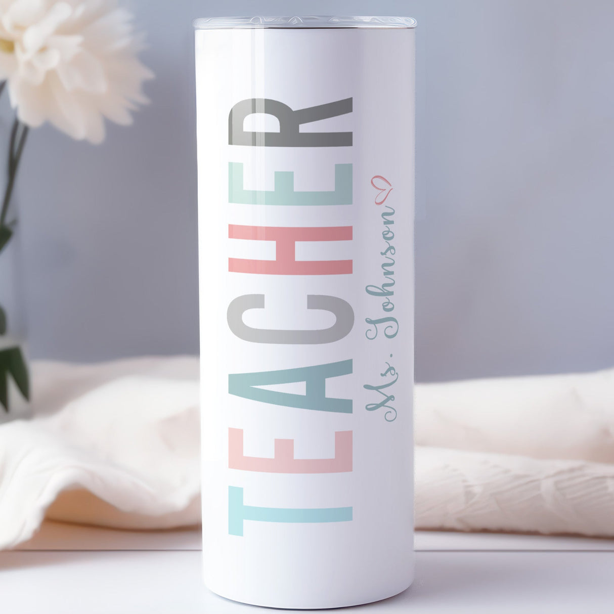 Personalized teacher skinny tumbler with custom name, Teacher Appreciation Week gift.