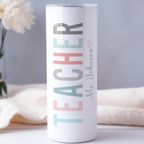 Personalized teacher skinny tumbler with custom name, Teacher Appreciation Week gift.
