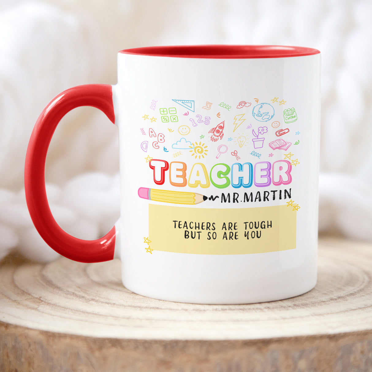 White with red ceramic mug with personalized teacher name and colorful school-themed illustrations, perfect custom teacher appreciation gift.