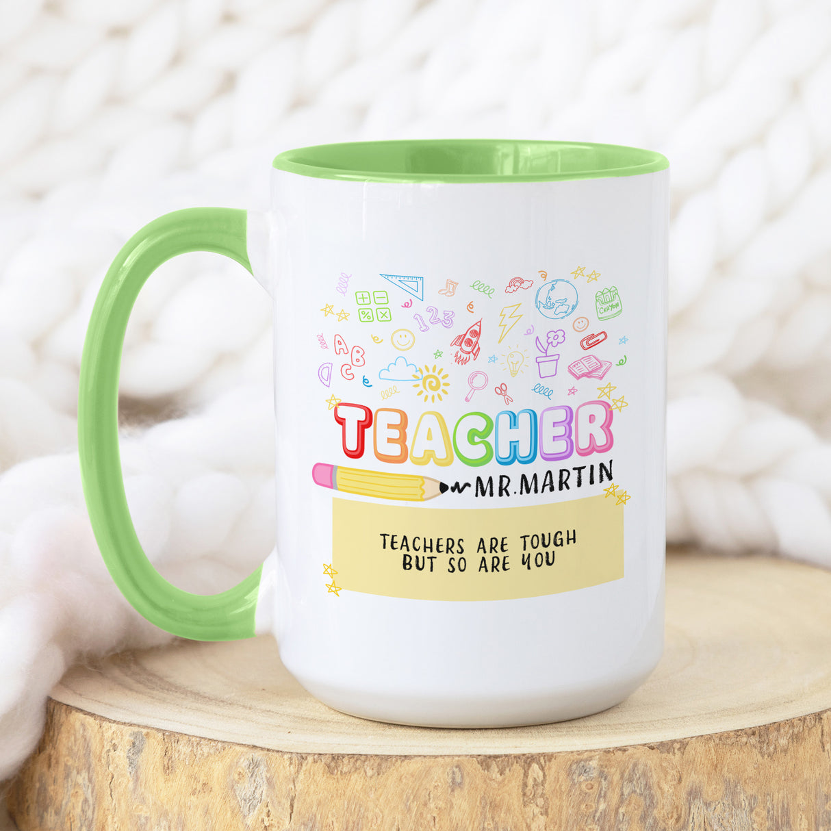 Customizable coffee mug featuring a teachers name in elegant lettering, perfect for educator gifts