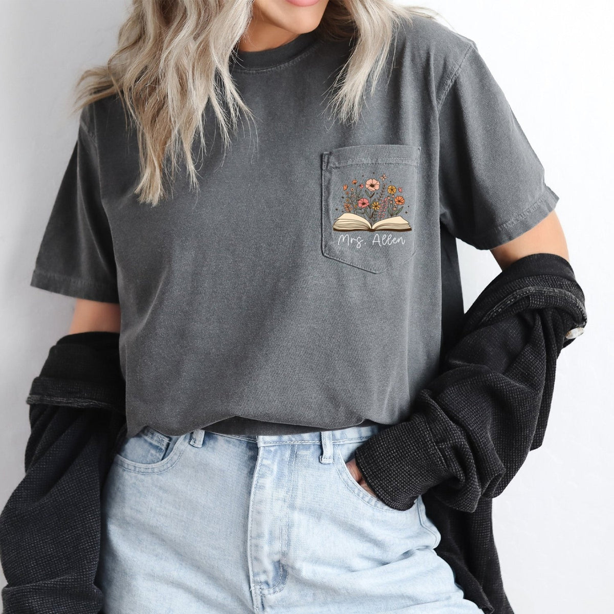 Floral Comfort Colors teacher shirt with personalized name. Book with flowers design, the perfect gift for female teachers.