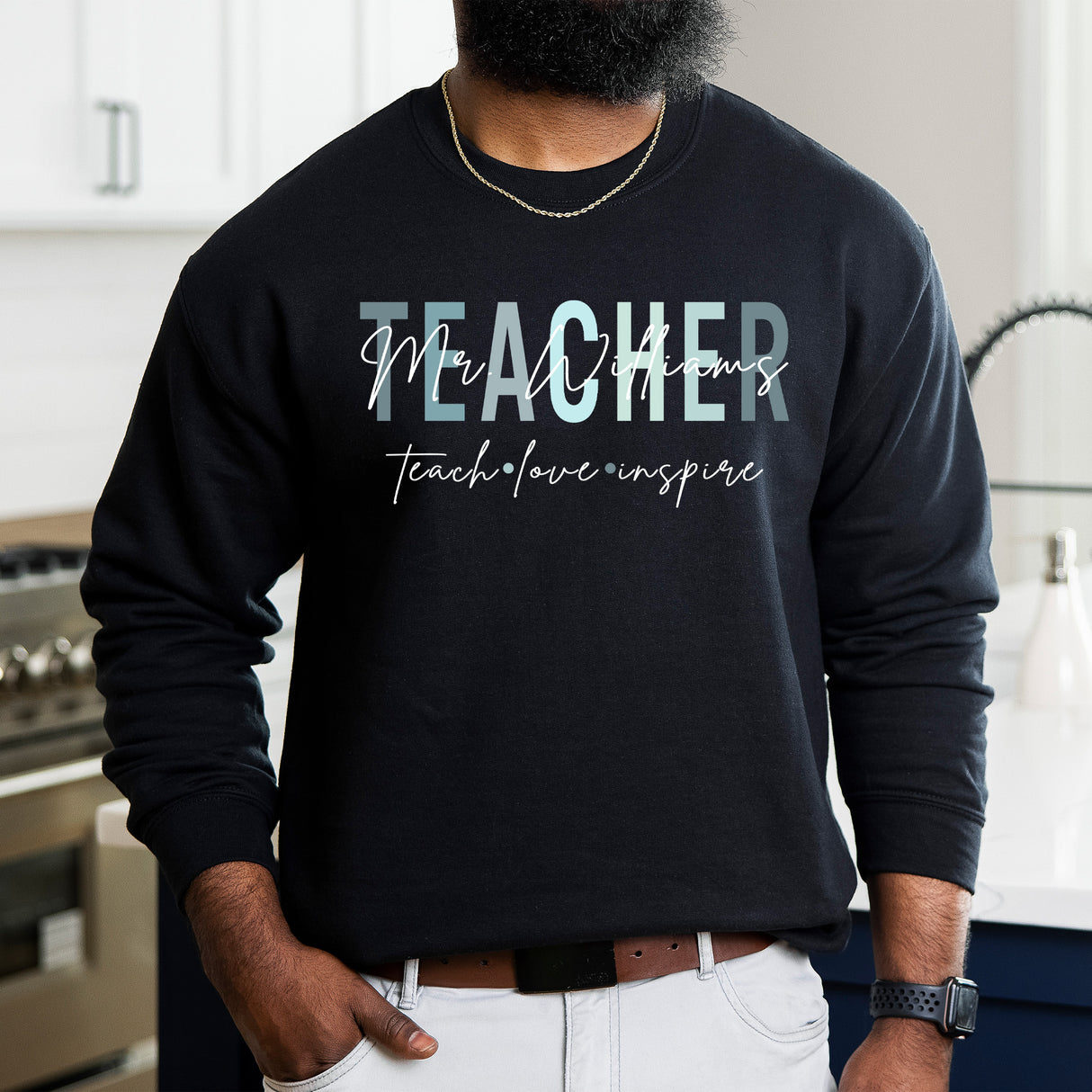 Custom men’s teacher sweatshirt, personalized last name gift for teacher. The perfect gift for him.
