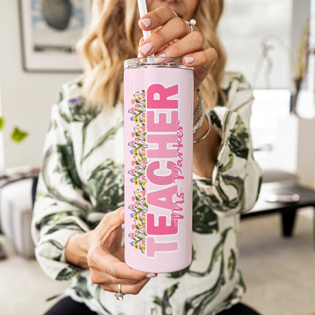 Custom teacher gift tumbler, personalized name floral stainless steel cup. Insulated pink floral tumbler for teacher gifts, personalized with name.