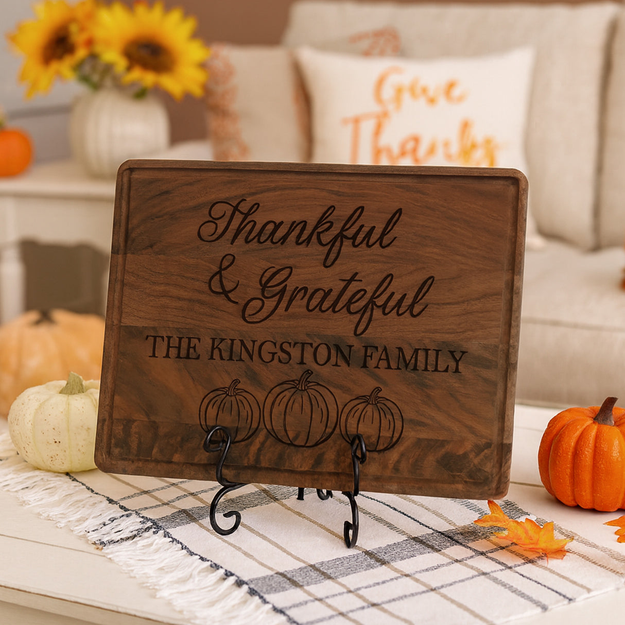 Thankful and Grateful Personalized Cutting Board for Thanksgiving, Custom Family Gifts