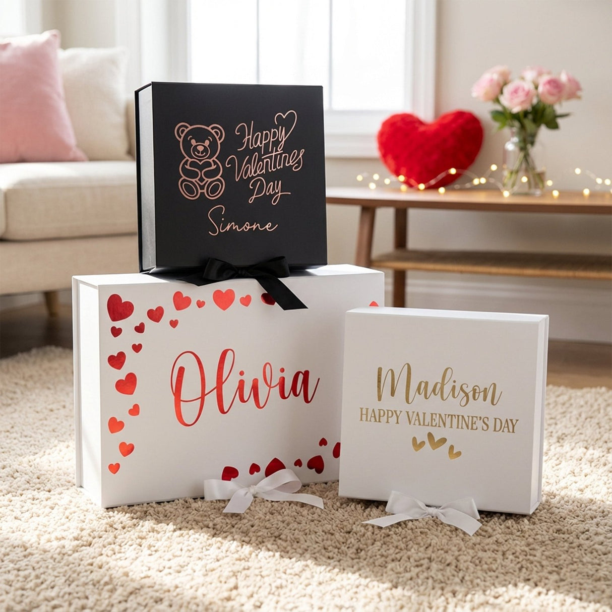 Multi Design Personalized Empty Valentine's Gift Box w Magnetic Lid, Bow and Crinkle Paper - Gifts Are Blue