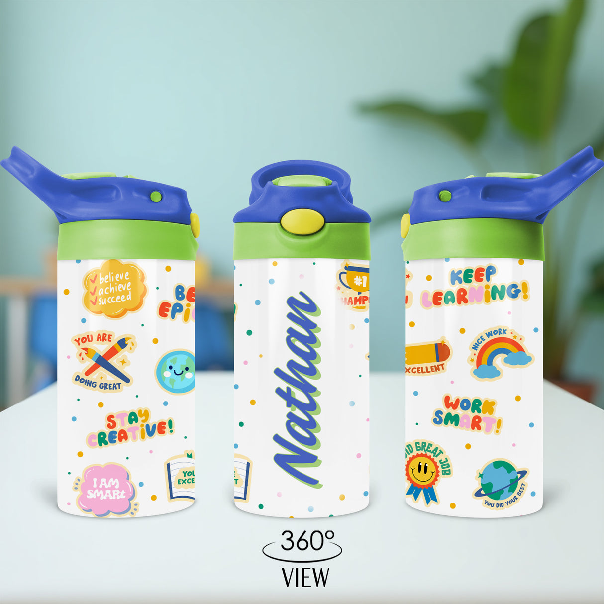 customized water bottles with names for kids featuring colorful designs and positive messages, ideal for school and sports use.