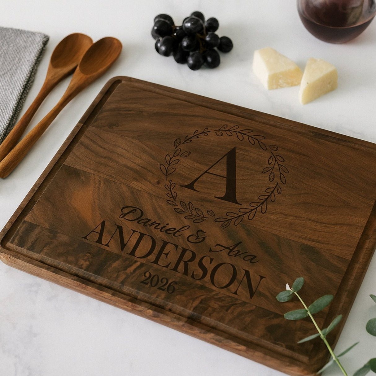Engraved personalized cutting board for new homeowner gifts. Elegant wedding gifts for couples and housewarming gifts.