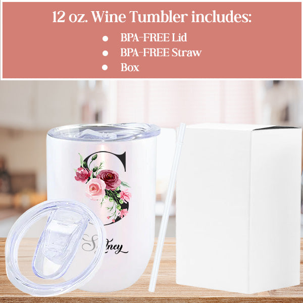 Personalized Floral Wine Tumbler with Custom Initials Name & Date