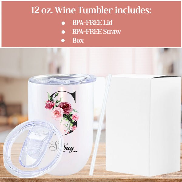 Personalized Floral Wine Tumbler with Custom Initials Name & Date - Gifts Are Blue