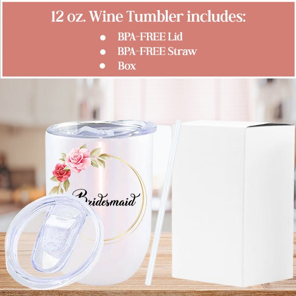 Personalized Bridesmaid Wine Tumblers with Custom Floral Design & Text - Gifts Are Blue
