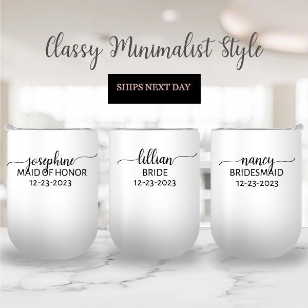 Personalized Minimalist Bridesmaid Wine Tumbler with Custom Name & Date Gift - Gifts Are Blue