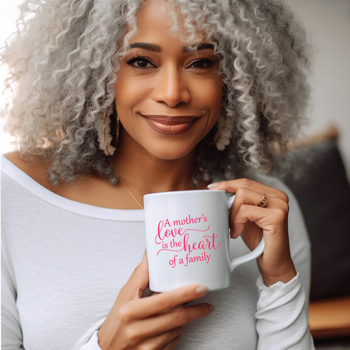 Sentimental mug for mom with A Mother's Love design, perfect for birthday, Mother’s Day, or gifts for her. Grandma holding sweet mothers day mug.