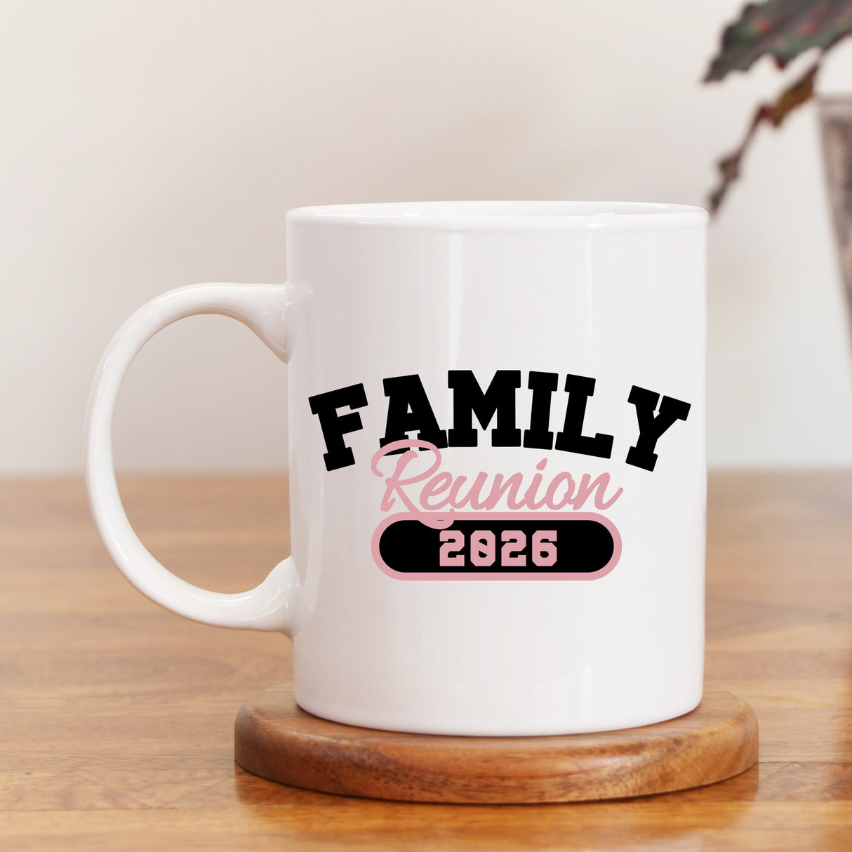 Matching personalized family reunion mugs with names used at large family gathering, custom reunion cups for family events.