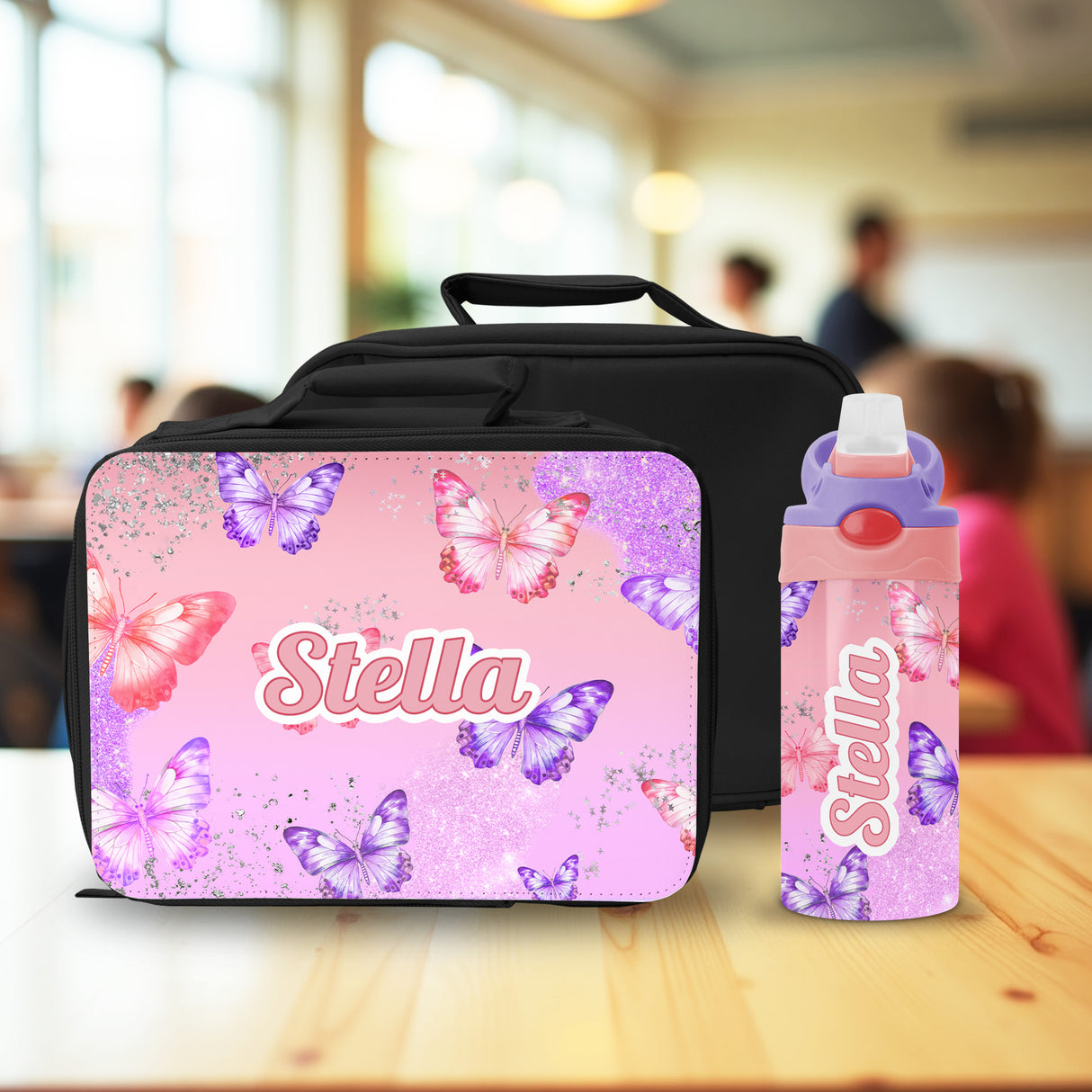 Personalized lunch box and water bottle set for girls with butterfly design and custom name for back to school.