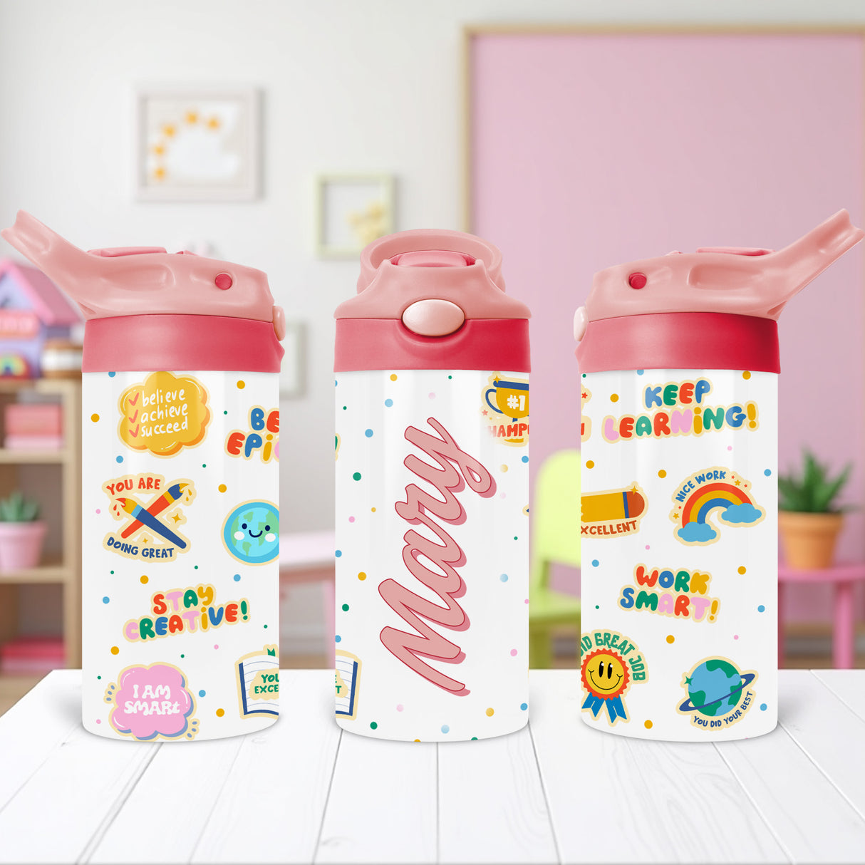 Personalized water bottles for school children with positive quotes and easy flip top lids ideal for back to school gifts.