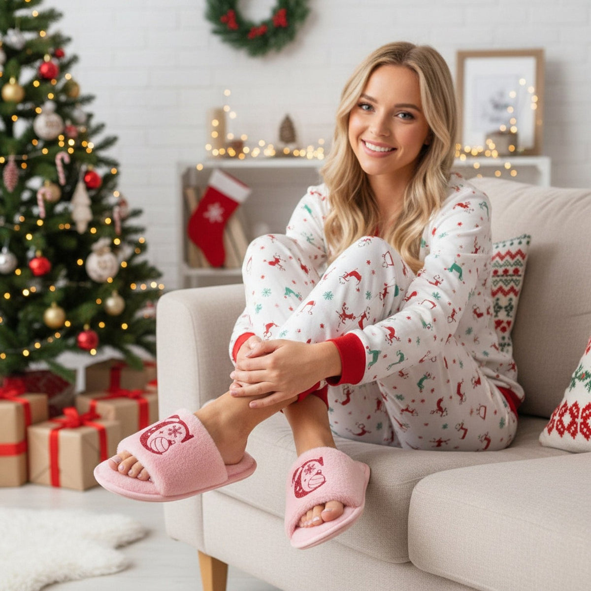 Initials Personalized Fluffy Christmas Slippers for Her - Gifts Are Blue