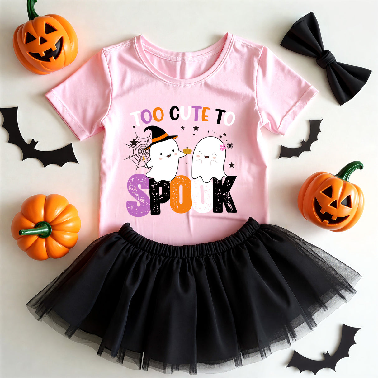 Pink girls Halloween shirt with Too Cute to Spook design.