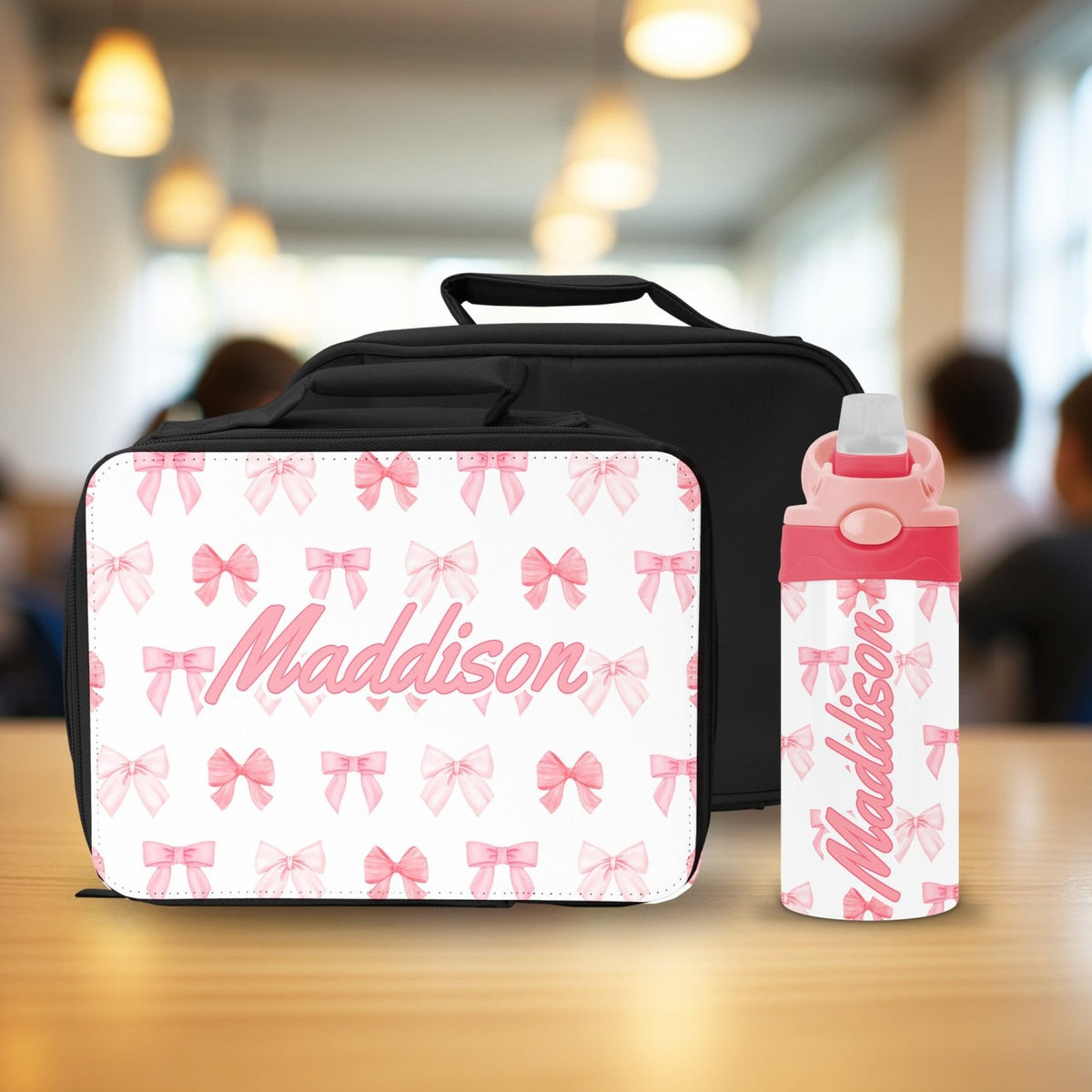 Pink matching lunch box and water bottle custom with name for back to school gift for girls.
