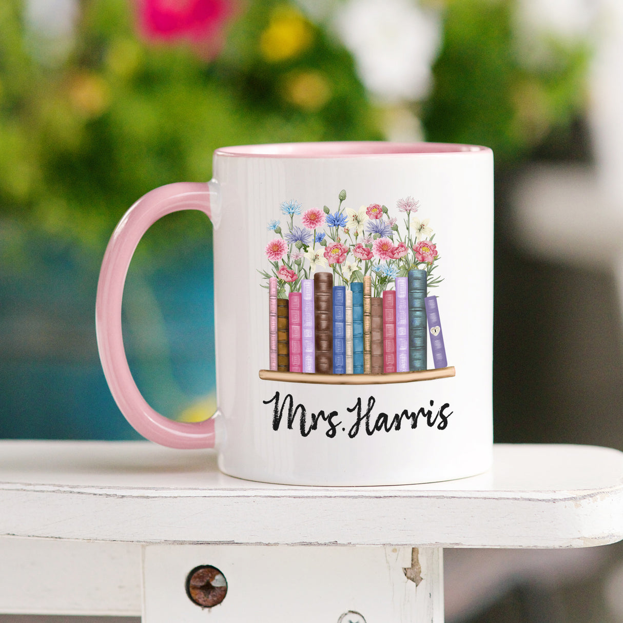 Personalized name mug for teachers with flowers and book theme, teacher gift idea for 2025.
