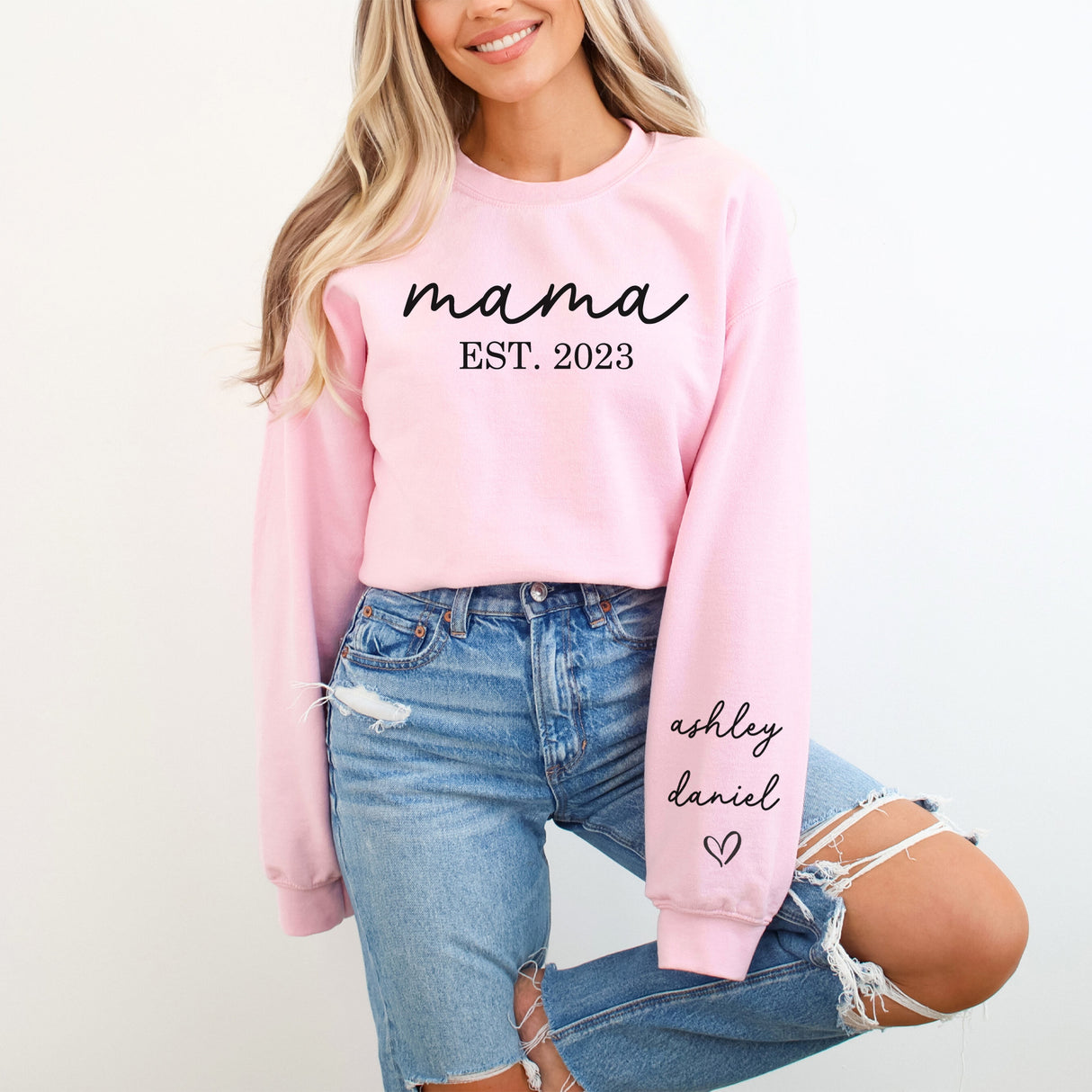 Heartfelt custom sweatshirt for moms, featuring kids' names and a sentimental touch. Soft and personalized mama sweater, a thoughtful gift for any mom with custom kid details.