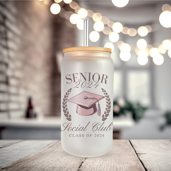Class of 2024 gift. Frosted 16oz senior 2024 Glass Tumbler with multi-colored Senior 2024 Social Club design. Iced coffee cup with straw and lid. allSKUs